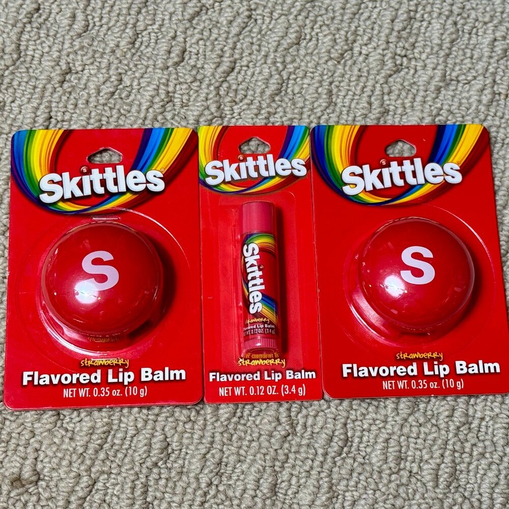 3 Skittles Strawberry Flavored Lip Balms Bundle